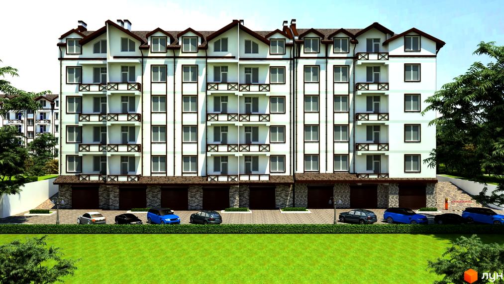 Зображення фасаду Житлового комплексу Австрійський. Багатоповерховий будинок з гаражами та припаркованими автомобілями на прибудинковій території.