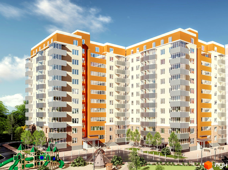 Житловий комплекс Еспланада – багатоповерхова будівля з помаранчевими та бежевими фасадами та скляними балконами. Поруч дитячий майданчик та зелені насадження.