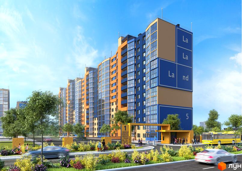 Житловий комплекс LaLaLand: багатоповерхові будинки з синіми та помаранчевими фасадами. Прибудинкова територія озеленена, з дорогою та транспортом.