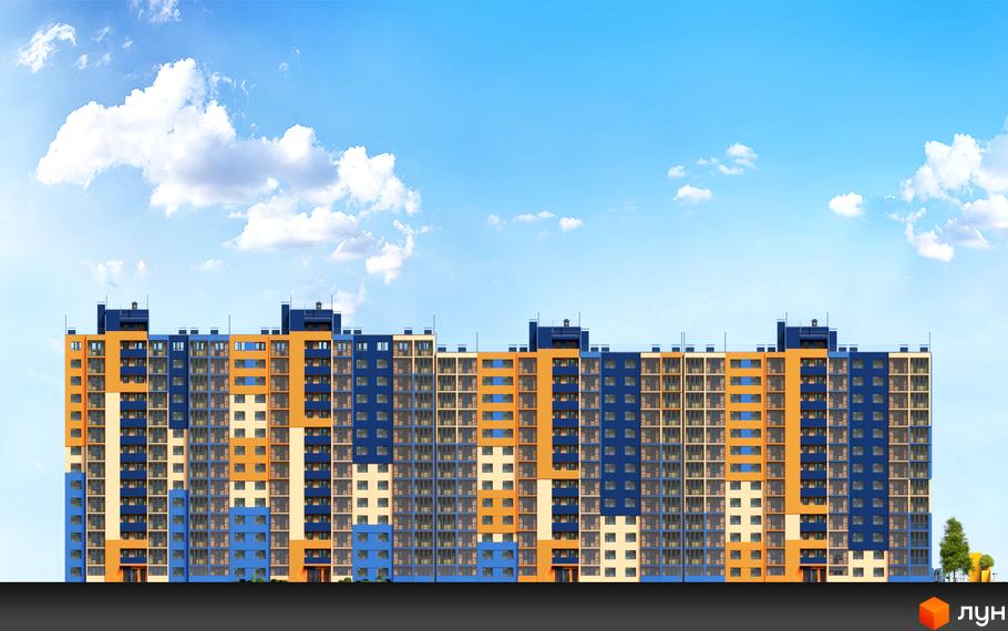 Новобудова LaLaLand з багатопоповерховими секціями, що має синьо-помаранчевий фасад зі світлими вставками. Навколо будинку видно зелені насадження.