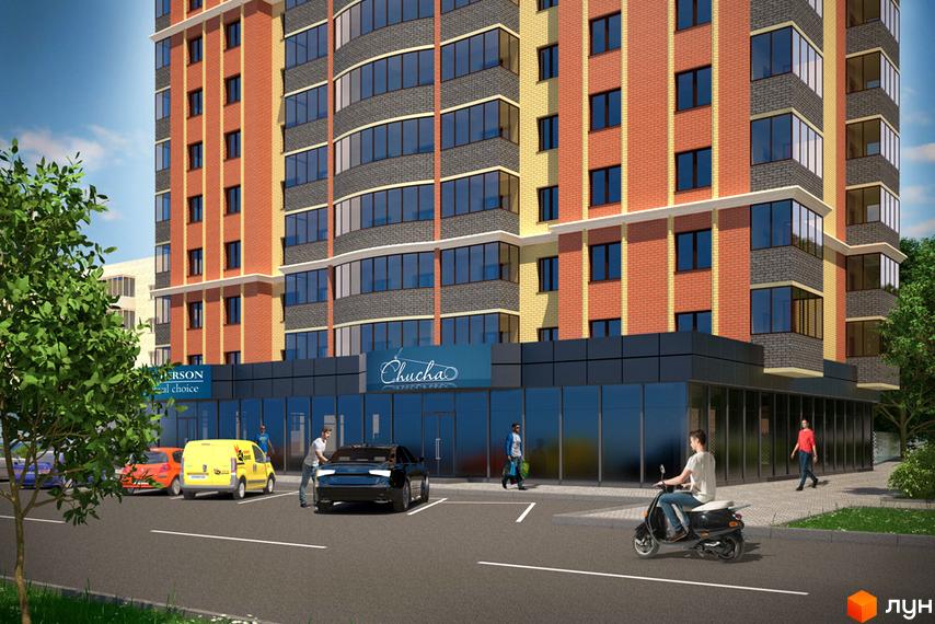 Зображення фасаду Житлового комплексу Кобудь. Багатоповерховий будинок з комерційними приміщеннями та парковкою.