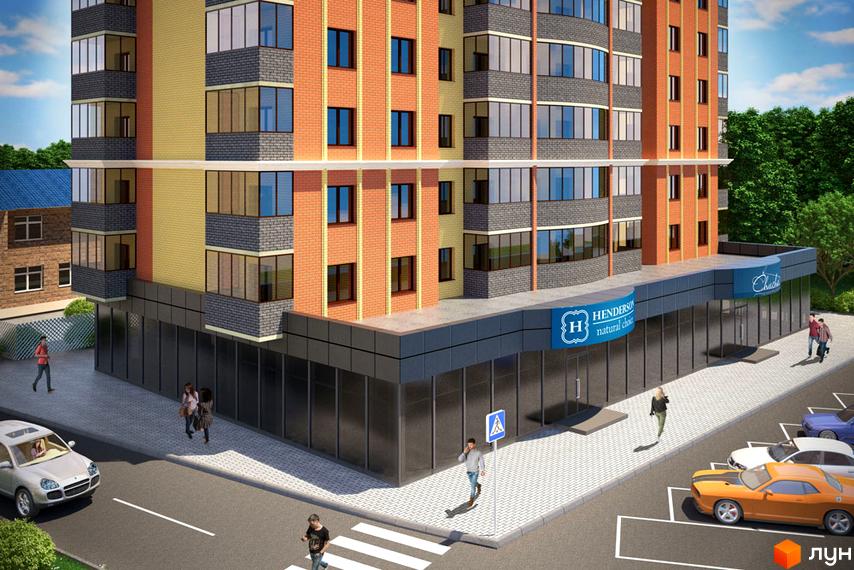 Візуалізація фасаду Новобудови Кобудь. Багатоповерховий будинок з цегляними стінами та великими вікнами, поруч парковка та пішохідна зона.