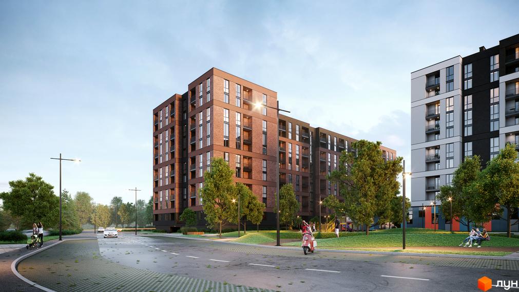 Зображення фасаду та прибудинкової території Житлового району Avalon Zelena Street. Вигляд новобудови з вулиці, зелені насадження.