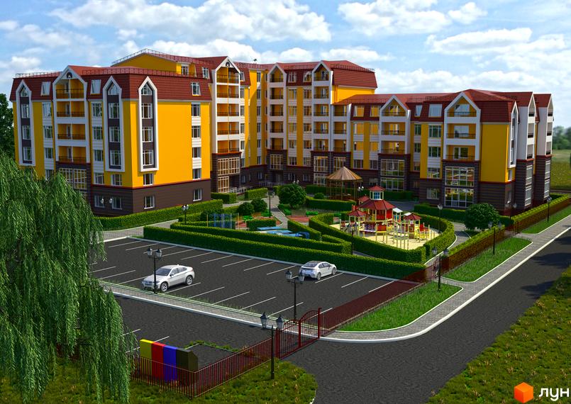 Житловий комплекс Тульчинський посад: жовті багатоквартирні будинки з червоними дахами, дитячий майданчик та парковка. Сучасна архітектура та доглянута прибудинкова територія.