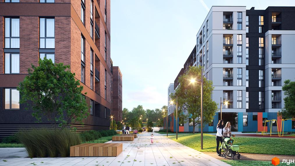 Зображення фасаду та прибудинкової території Житлового комплексу Avalon Zelena Street. Вигляд на пішохідну алею з лавками та дитячим майданчиком.