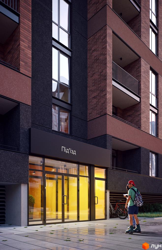 Фасад будинку в Житловому комплексі Avalon Zelena Street. Вигляд вхідної групи та прибудинкової території.