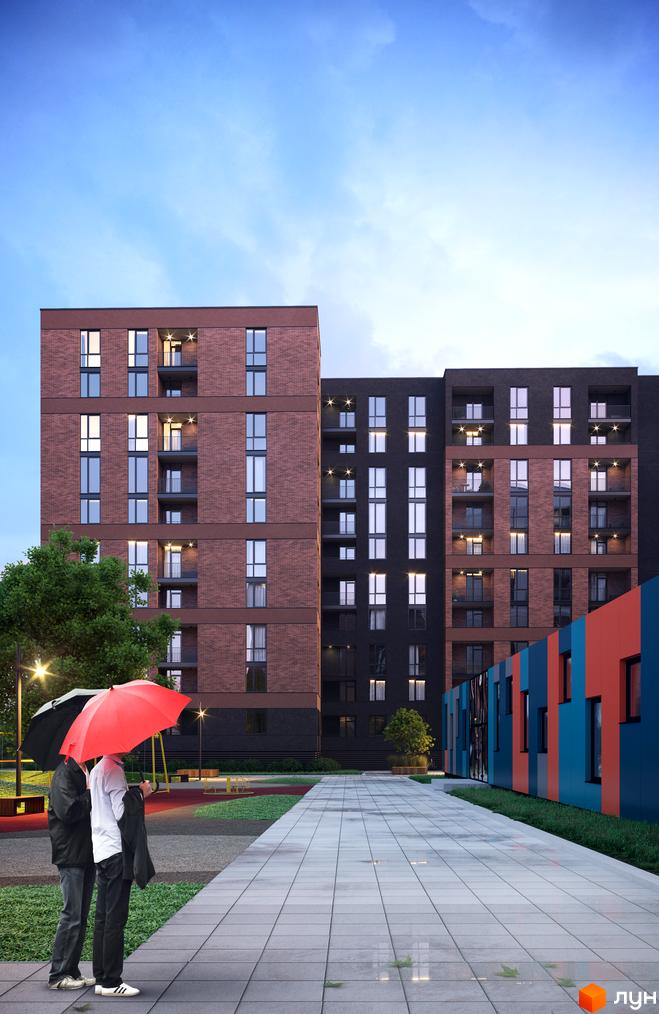 Зображення фасаду та прибудинкової території Житлового комплексу Avalon Zelena Street. Вигляд на багатоповерховий будинок та пішохідну зону.