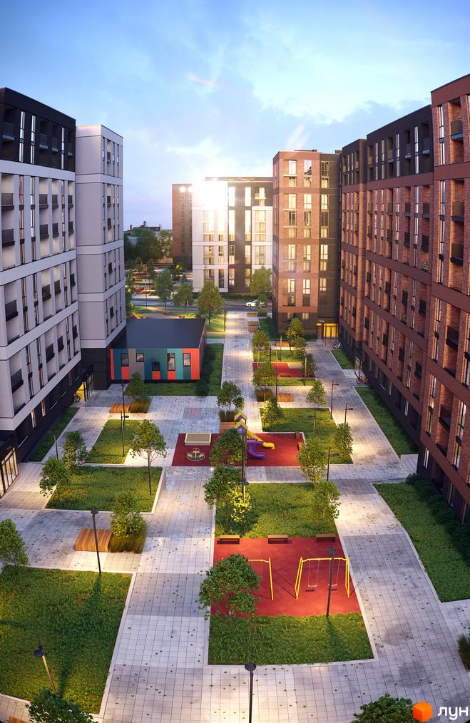 Зображення Житлового комплексу Avalon Zelena Street. Вигляд на двір з дитячим майданчиком та зеленою зоною.