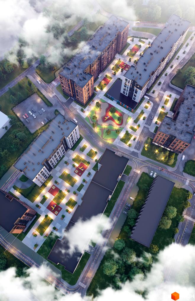 Вигляд зверху на Будівельний проєкт Avalon Zelena Street з облаштованою територією. Видно дитячий майданчик, освітлення та зелені зони.