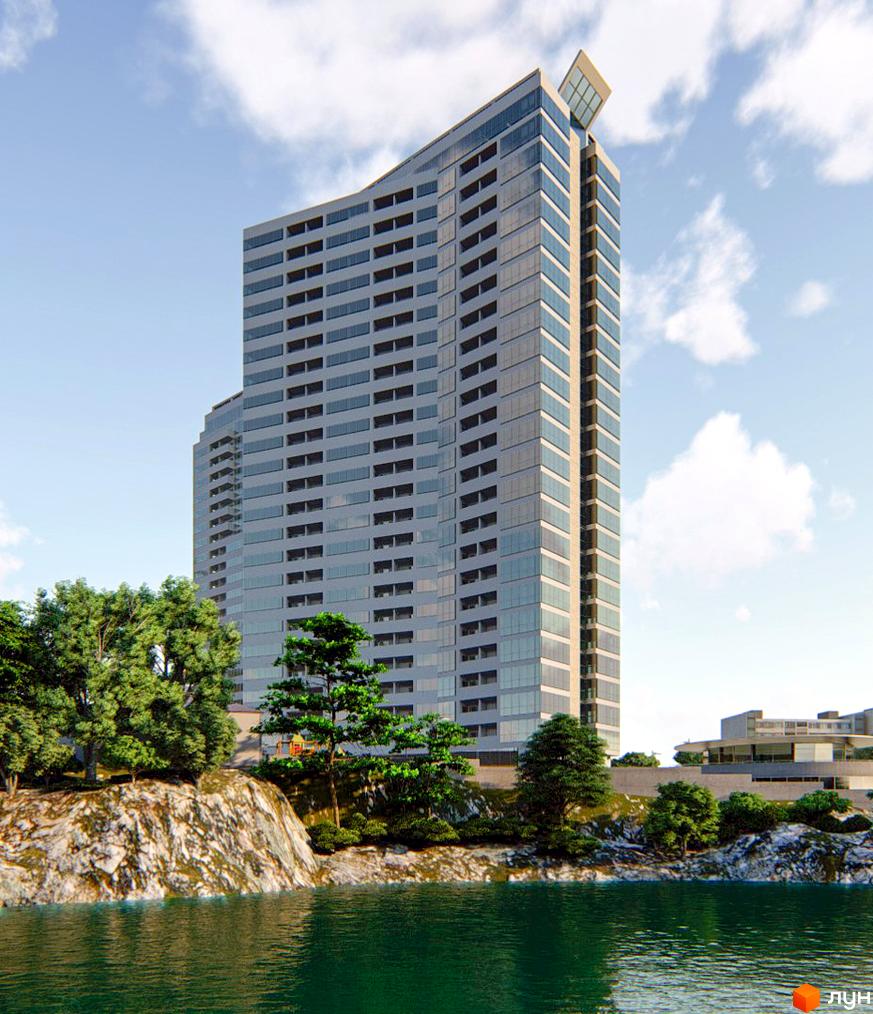 Житловий комплекс Новокодацькi Вежi: висотний будинок зі скляним фасадом та балконами. Розташований біля водойми з кам'янистим берегом і деревами.