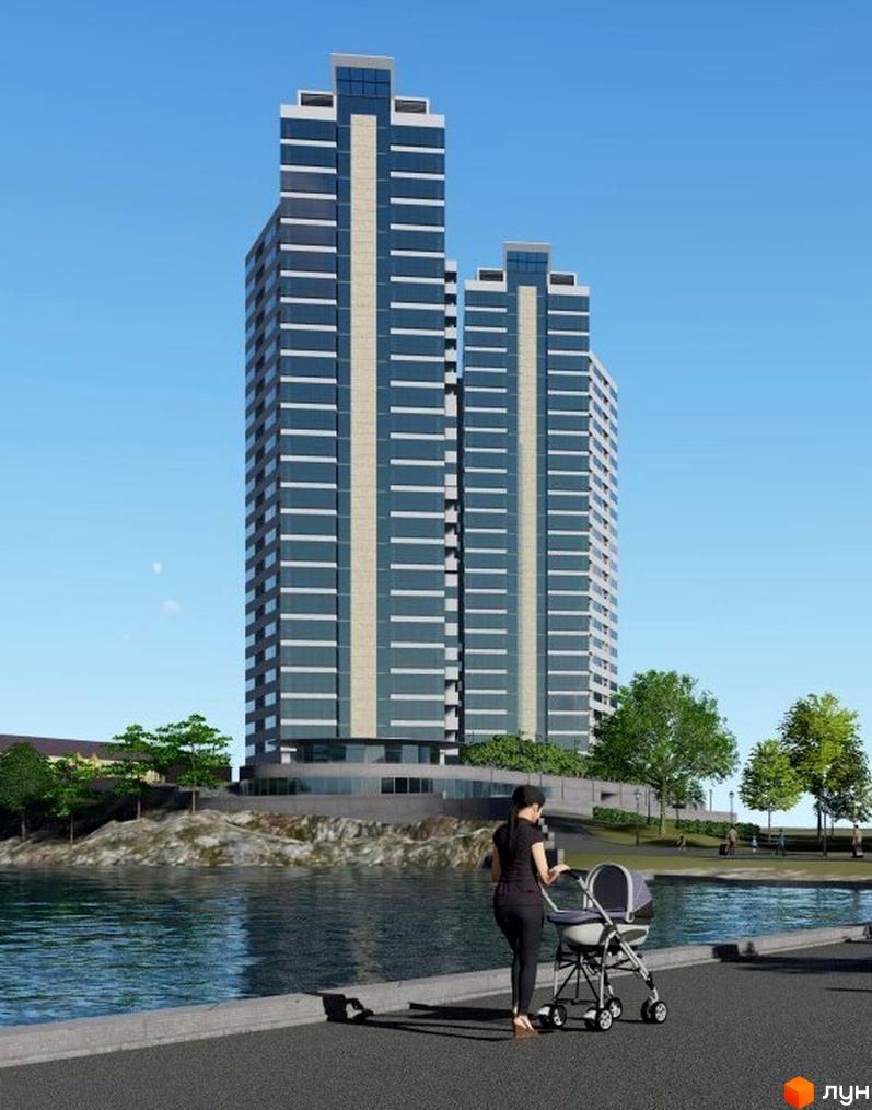 Зображення Житлового комплексу Новокодацькi Вежi. Високий будинок з великою кількістю вікон, поруч річка та жінка з дитячим візком.