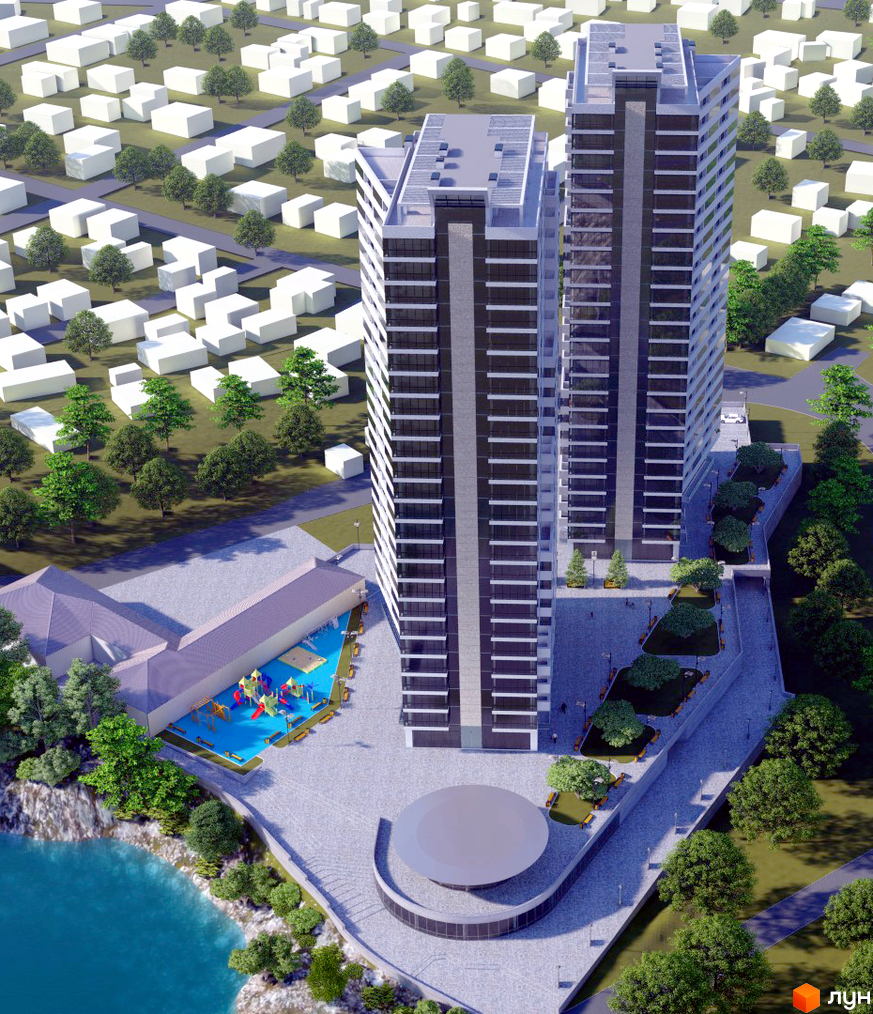 Житловий комплекс Новокодацькi Вежi складається з двох високих будівель з темними фасадами та світлими елементами. Поруч розташовані дитячий майданчик, зелені зони з деревами та водойма.