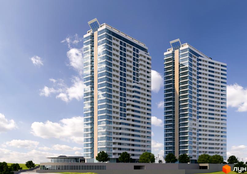 Дві високі білі будівлі Житлового комплексу Новокодацькi Вежi з великими вікнами та балконами. Поруч зелені насадження та низькоповерхова споруда.