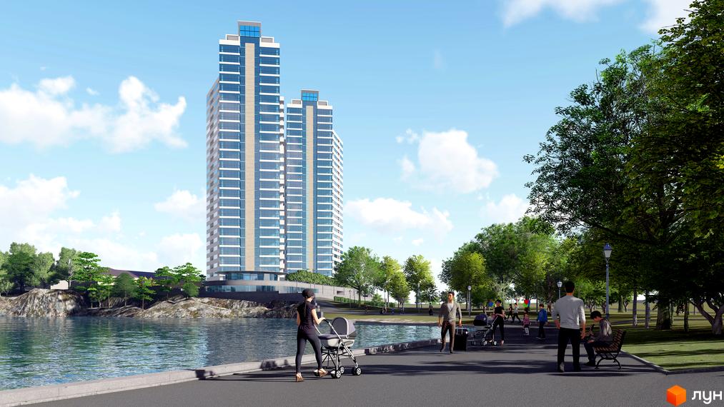 Житловий комплекс Новокодацькi Вежi: дві високі будівлі з великими вікнами біля водойми з набережною та зеленим парком.