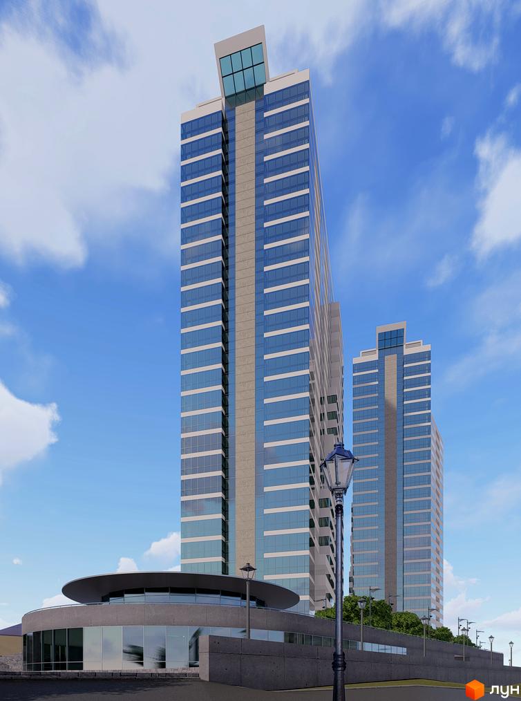 Зображення житлового комплексу Новокодацькi Вежi. Вигляд висотного будинку з великими вікнами та прибудинковою територією.