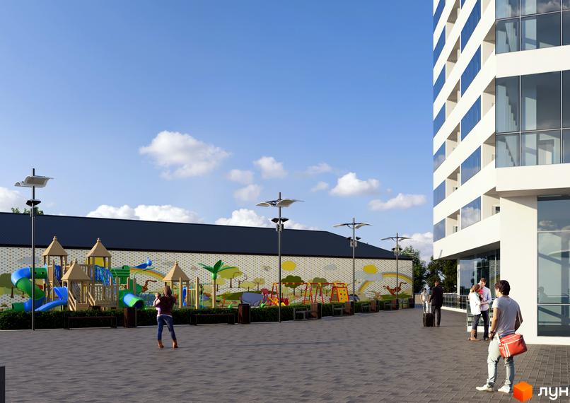 Житловий комплекс Новокодацькi Вежi: висотна будівля з великими вікнами та облаштована прибудинкова територія з дитячим майданчиком та муралом.