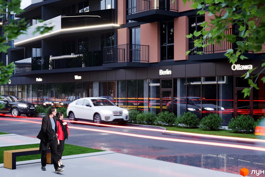 Житловий комплекс Avalon: фасади будівель з панорамними вікнами та балконами, перед якими розташована вулиця з автомобілями та пішохідною зоною з лавкою.