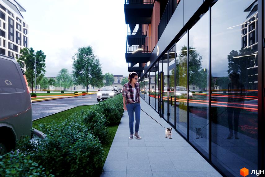 Житловий комплекс Avalon: фасади будівель з панорамним склінням та прибудинкова територія з пішохідною доріжкою та зеленими насадженнями.