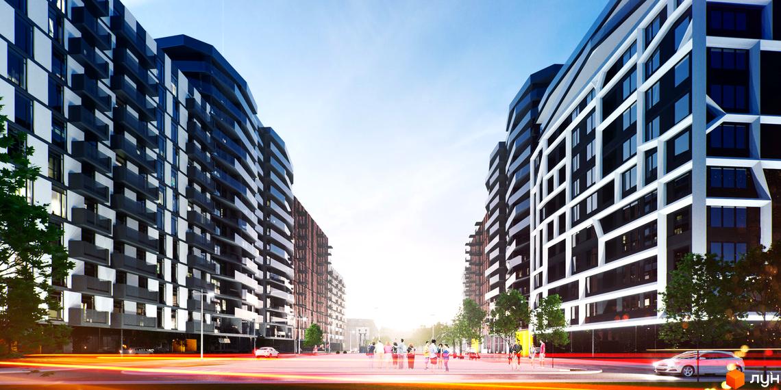 Житловий комплекс Avalon - фасади будівель з балконами та великими вікнами. Навколо зелені дерева та міська вулиця з людьми та автомобілями.