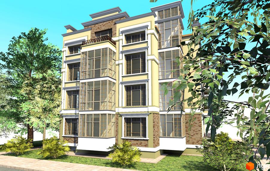 Зображення фасаду та прибудинкової території Новобудови Villa Varshava. Багатоповерховий будинок з великими вікнами, зелені насадження навколо.