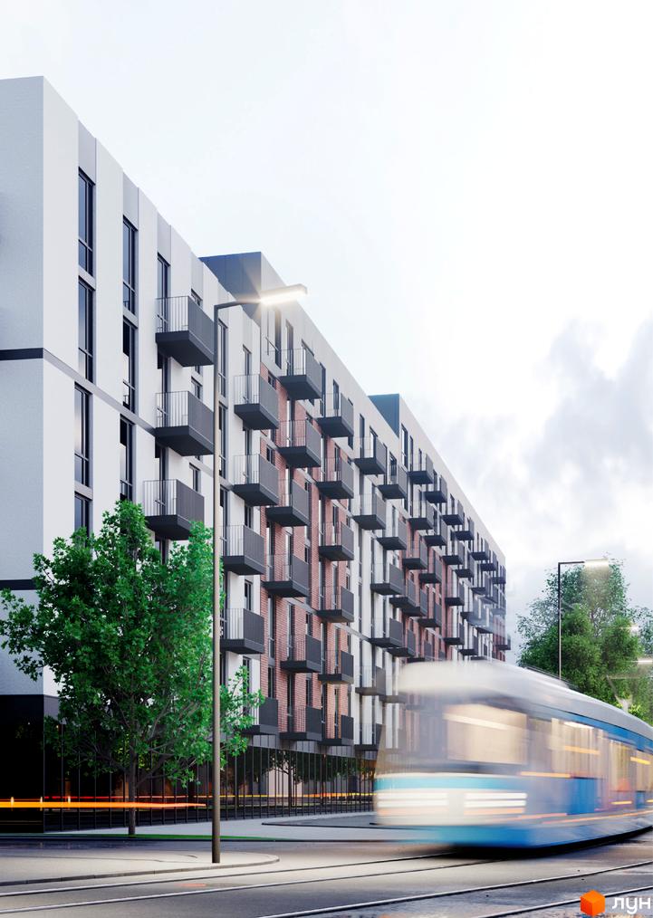 Житловий комплекс Avalon з цегляними та білими фасадами, балконами та деревами. Повз будівлю проїжджає трамвай.