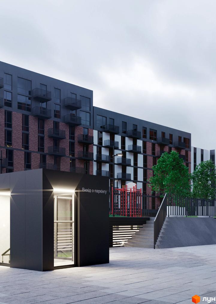 Новобудова ЖК Avalon з цегляним фасадом та балконами. Поруч дитячий майданчик та сходи до виходу з паркінгу.