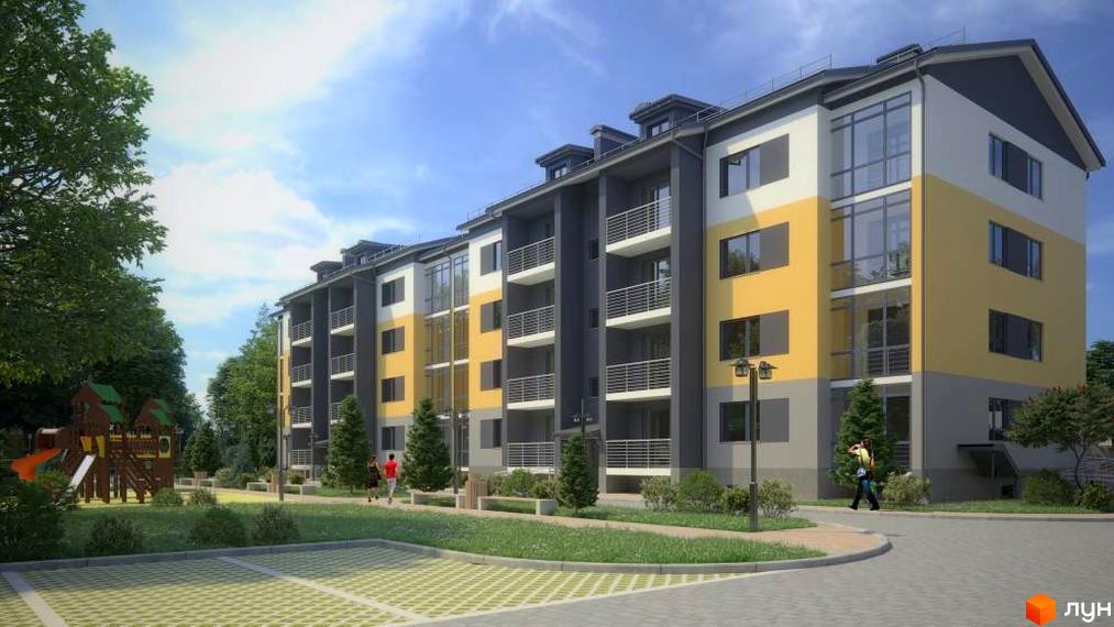 Житловий комплекс Форвард: багатоповерховий будинок з сіро-жовто-білими фасадами та балконами. Поруч дитячий майданчик, озеленення, паркінг.