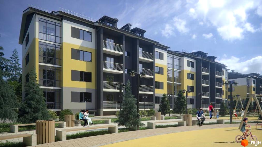 Новобудова Форвард: багатоповерхові будинки жовтого, сірого та чорного кольорів з балконами та великими вікнами. На території є лавки, дерева та дитячий майданчик.