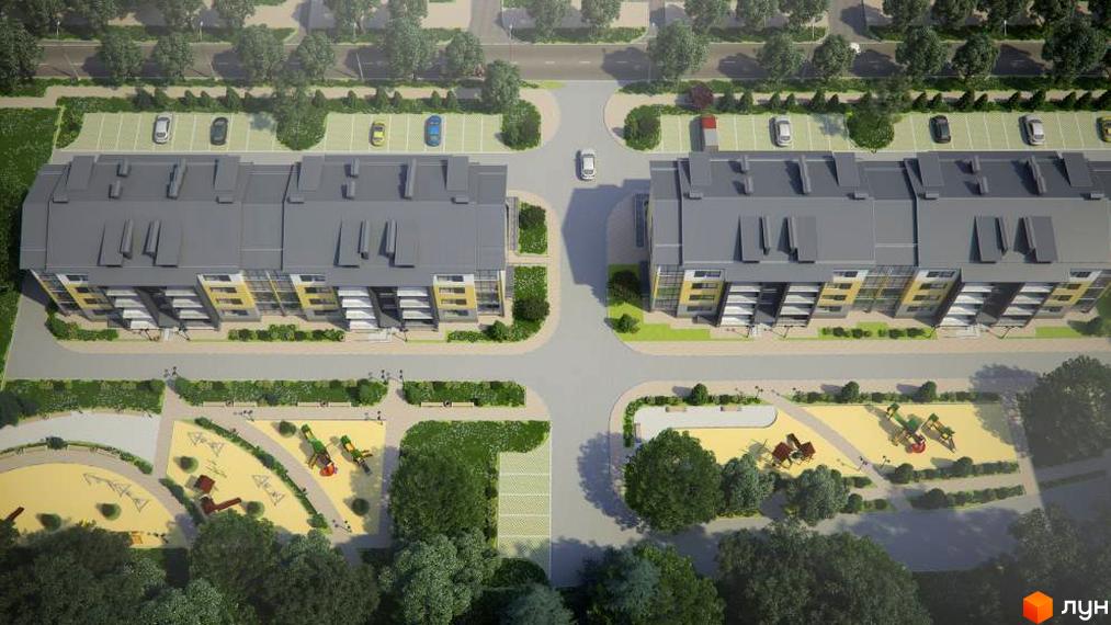 Вид зверху на Житловий комплекс Форвард з сірими дахами. На території є дитячий майданчик, парковка та зелені зони.