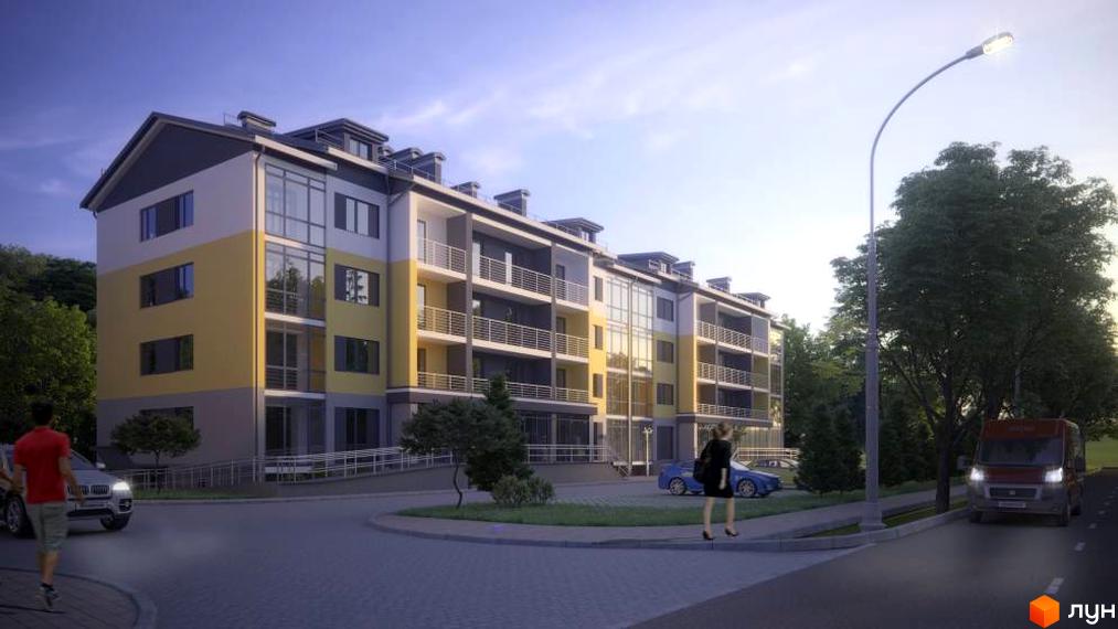 Житловий комплекс Форвард: багатоповерховий будинок з фасадом у світло-жовтих та сірих тонах, балконами. На прибудинковій території є дорога, зелені насадження та автомобілі.