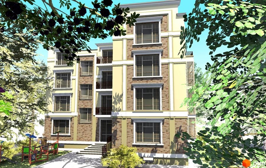 Зображення фасаду Житлового комплексу Villa Varshava. Багатоповерховий будинок з вікнами та балконами, поруч зелені насадження та дитячий майданчик.