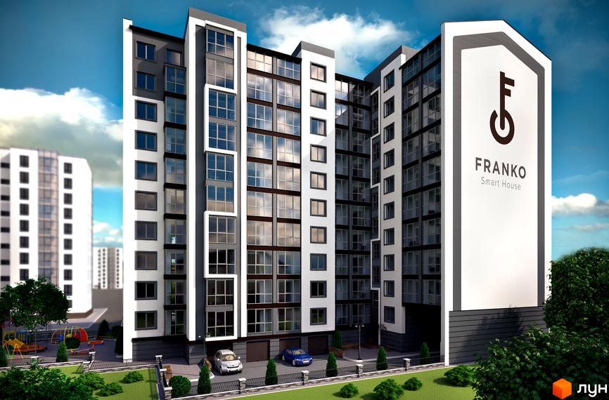 Висотна новобудова ЖК Franko Smart House з великими вікнами та біло-сірим фасадом. На території є парковка, зелені насадження та дитячий майданчик.