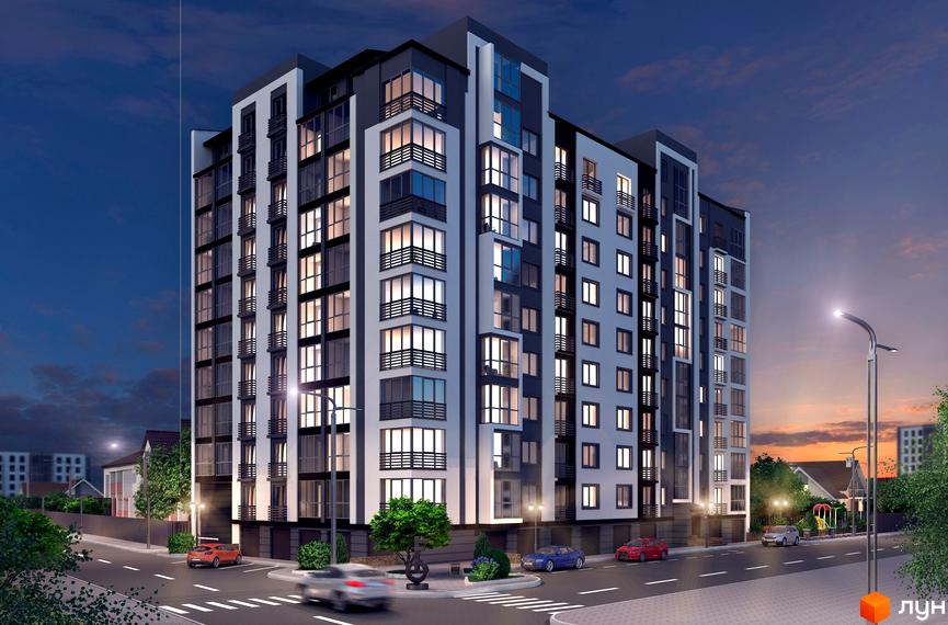 Житловий комплекс Franko Smart House. Багатоповерховий будинок з великими вікнами та балконами. На прибудинковій території є дорога з автомобілями та зелені насадження.