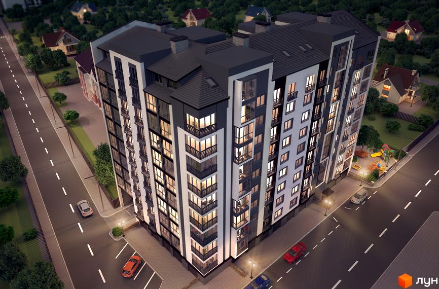 Висотна Новобудова Franko Smart House з панорамними вікнами та балконами. На території будинку дитячий майданчик та парковка для автомобілів.