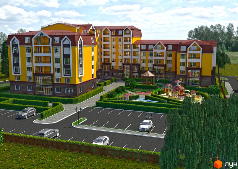 Житловий комплекс Тульчинський посад з жовтими фасадами та червоним дахом. На прибудинковій території розташовані дитячі майданчики та парковка.