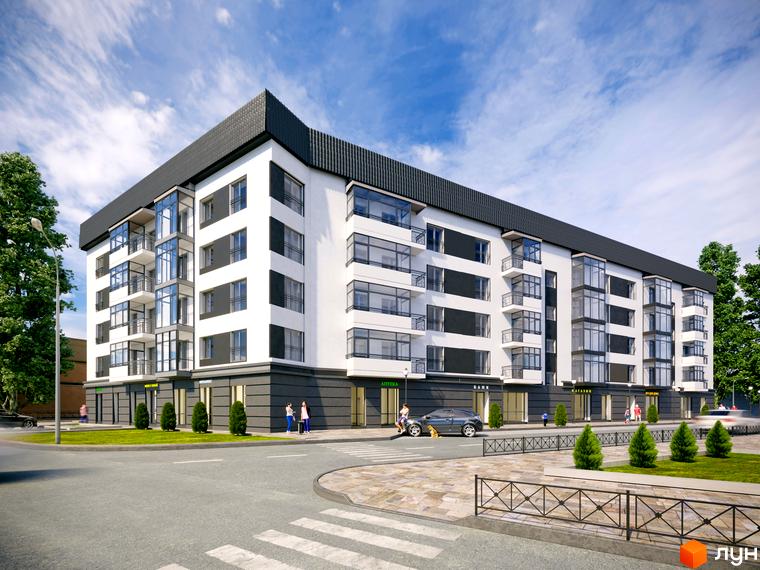 Житловий комплекс Місто Комфорту на Лісневицькій має білий фасад з темними вставками та скляними балконами. Навколо будинку розташовані дорога, пішохідні зони та зелені насадження.