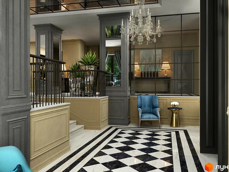 Інтер'єр холу клубного будинку Graf з мармуровою підлогою та елегантними меблями. Розкішний дизайн та вишукані деталі створюють атмосферу комфорту.