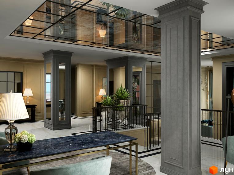 Клубний будинок Graf - інтер'єр холу з дзеркальною стелею та колонами. Опис новобудови.