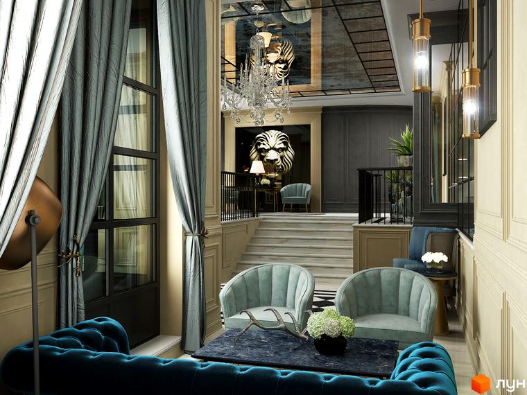 Інтер'єр вітальні в клубному будинку Graf з розкішними меблями та елегантним дизайном. Сучасний житловий комплекс для комфортного життя.