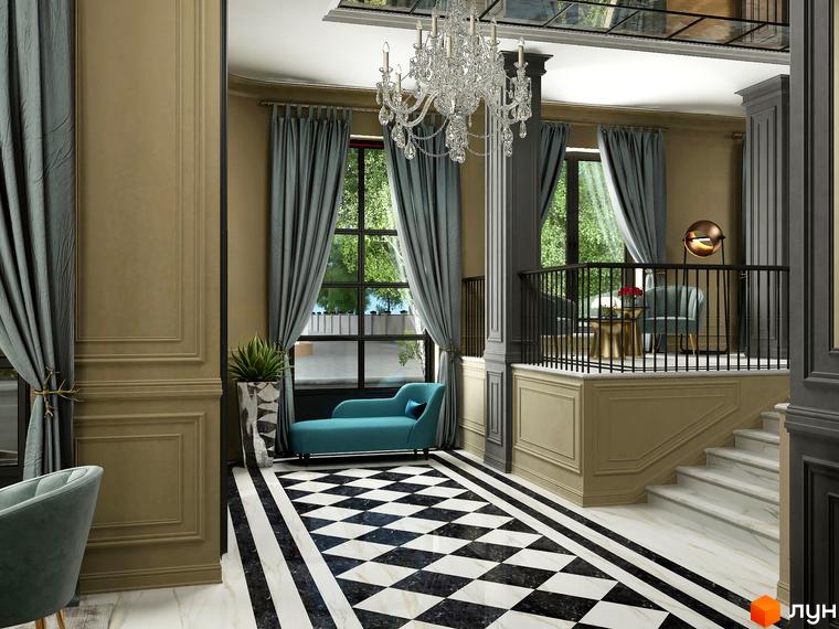 Інтер'єр клубного будинку Graf з розкішною люстрою та вишуканими меблями. Великі вікна відкривають вид на зелені дерева.