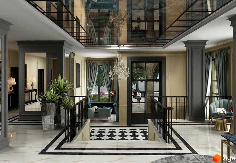 Інтер'єр лобі клубного будинку Graf з мармуровою підлогою, кришталевою люстрою та великими дзеркалами. Сучасний дизайн та елегантні меблі створюють атмосферу розкоші.