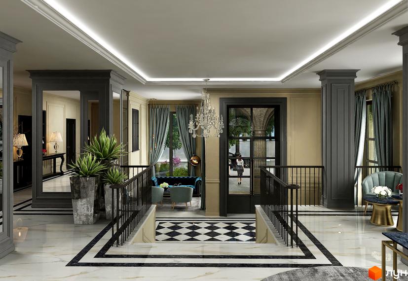 Клубний будинок Graf: розкішний хол з мармуровою підлогою, кришталевою люстрою та виходом на вулицю. Сучасний дизайн інтер'єру для комфортного життя.