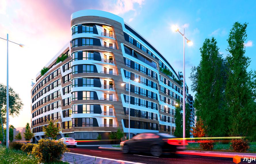 Зображення фасаду Новобудови Парус Life з великими вікнами та балконами. На передньому плані дорога з автомобілями та зелена територія.