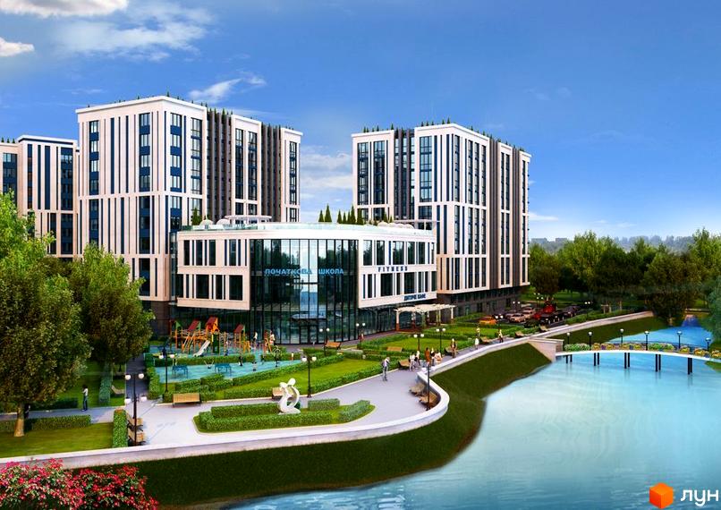 Житловий комплекс Рів'єра має високі будівлі зі світлим фасадом та темними вертикальними елементами. Територія включає дитячий майданчик, зелені зони та водойму з мостом.