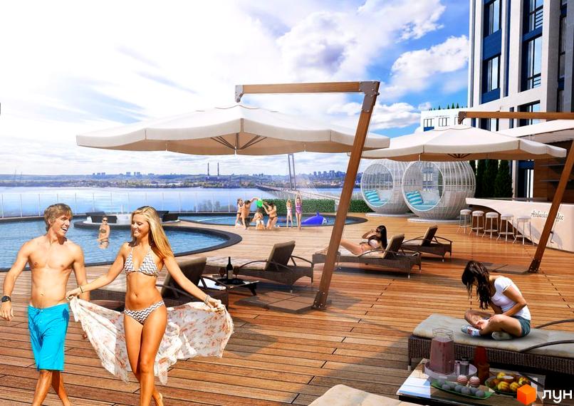 Житловий комплекс Рів'єра: вид на басейн та зону відпочинку з шезлонгами. На території комплексу розташовані сучасні альтанки та барна стійка біля води.