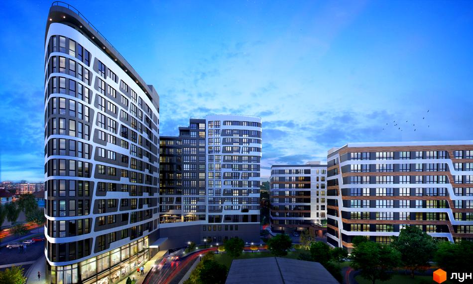 Житловий комплекс Парус Life: фасади будівель з панорамними вікнами та оригінальним дизайном, зелена прибудинкова територія з освітленням та доріжками.