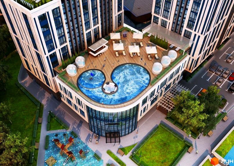 Житловий комплекс Рів'єра: вид згори на будівлі з басейном на даху та зоною відпочинку. Прибудинкова територія з дитячим майданчиком та зеленими зонами.