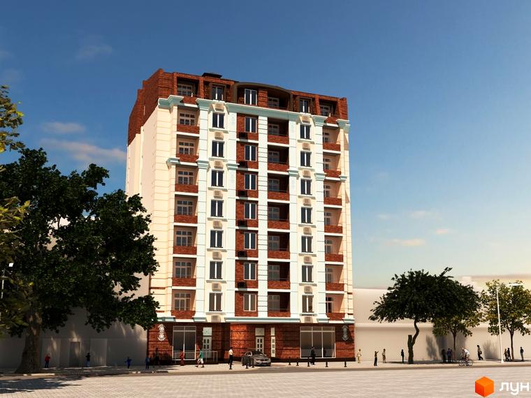 Житловий комплекс Дім на Запорізькій: багатоповерховий будинок з фасадом світлого кольору та вставками з червоної цегли. Навколо зелені дерева та пішохідна зона.