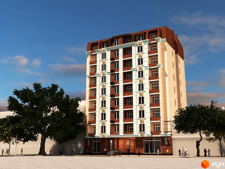 Зображення фасаду Новобудови Дім на Запорізькій. Багатоповерховий будинок з балконами та великими вікнами, поруч дерева та пішохідна зона.