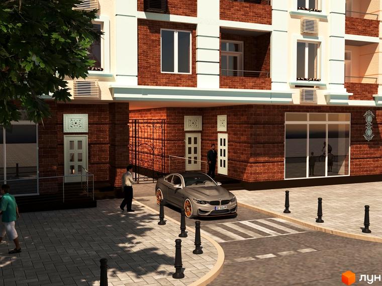 Житловий комплекс Дім на Запорізькій має цегляний фасад та світлі архітектурні деталі. На прибудинковій території видно пішохідні доріжки, проїжджу частину та припаркований автомобіль.